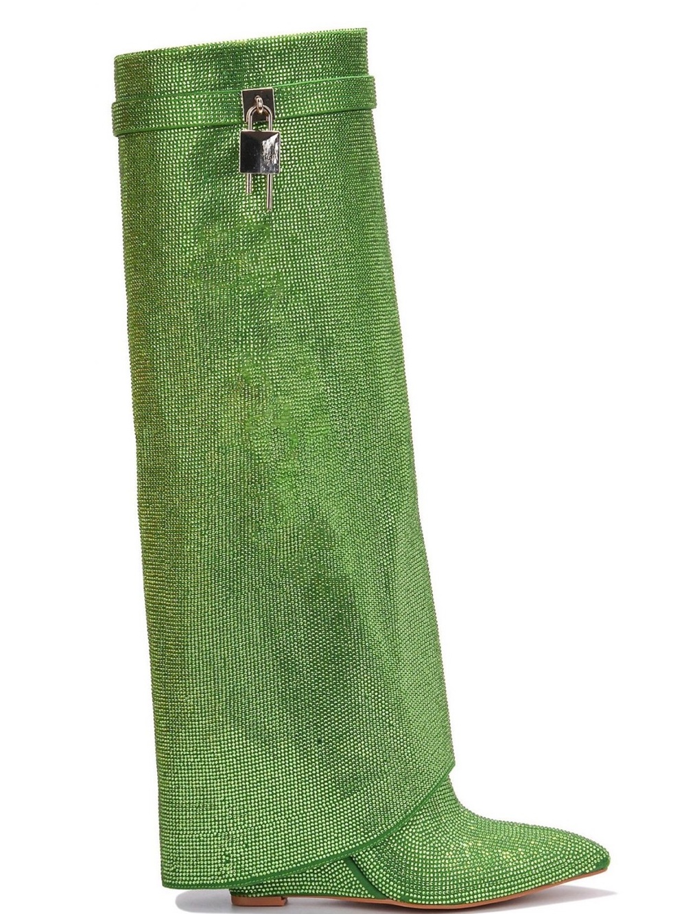 New green knee high rhinestone shark boot padlock lock wedge heels pointed toe 6